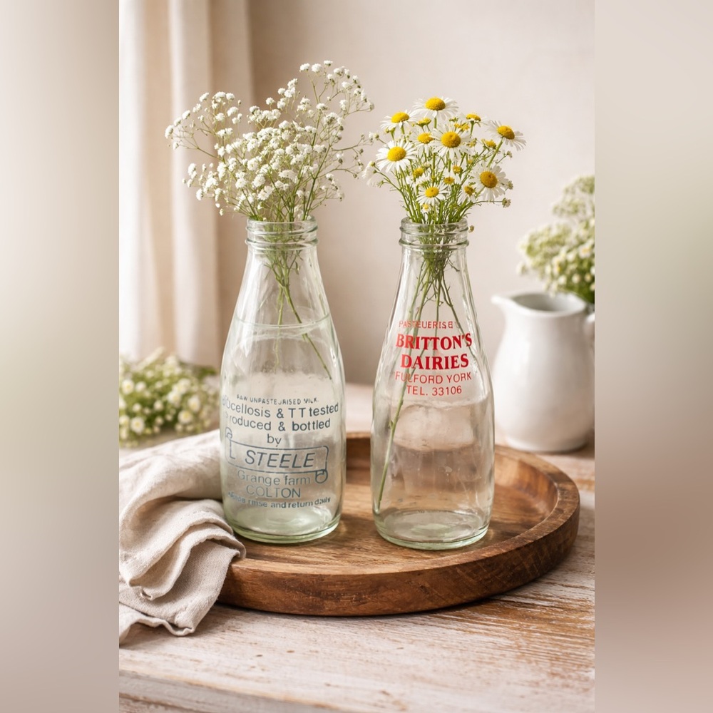Vintage Pair of British Milk Bottles: Perfect Cottagecore, Farmhouse Decor